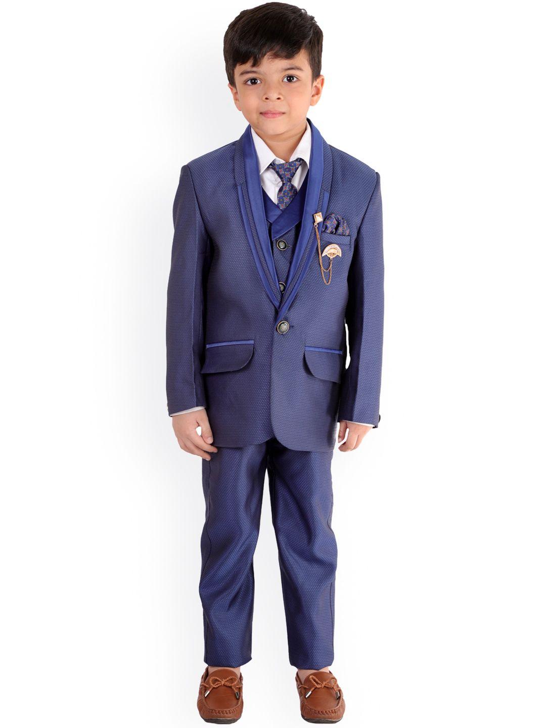 fourfolds boys navy blue printed single-breasted 5-piece suit