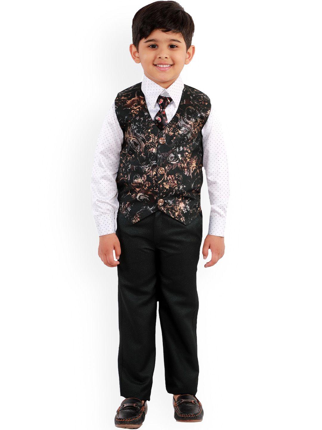 fourfolds boys olive green printed 5-piece suit