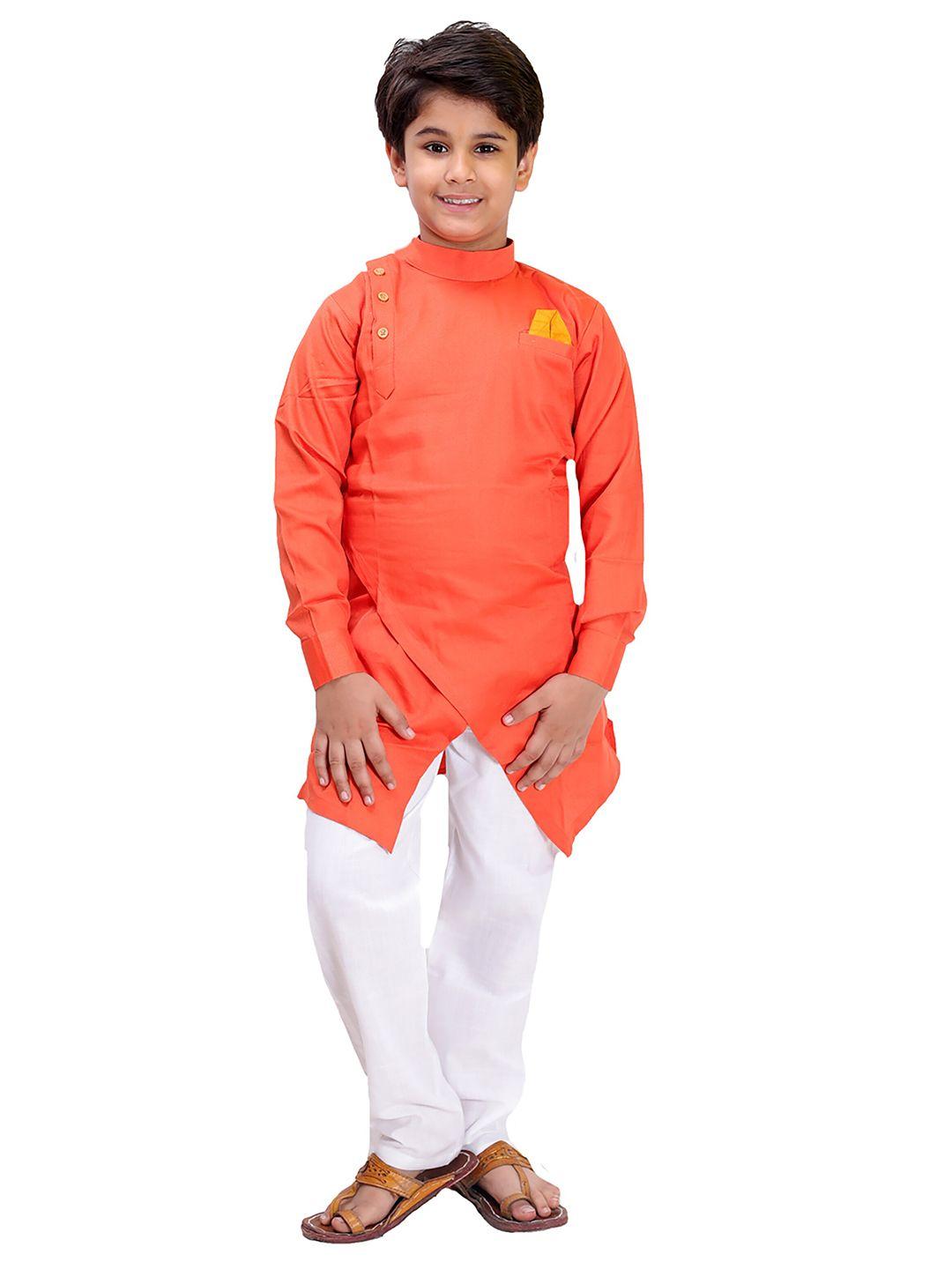 fourfolds boys orange & white kurta with pyjamas
