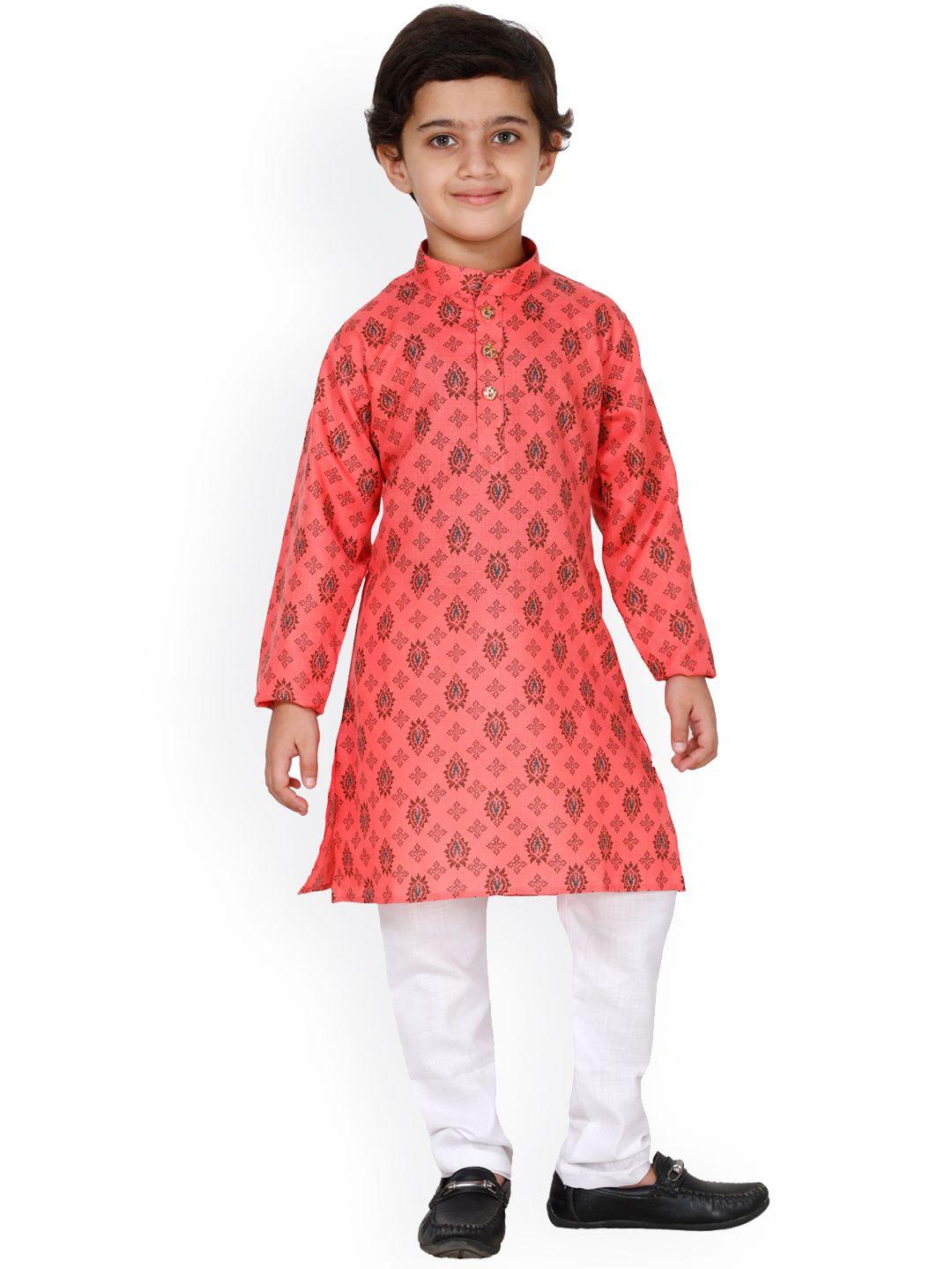fourfolds boys pink ethnic motifs printed cotton blend kurta set