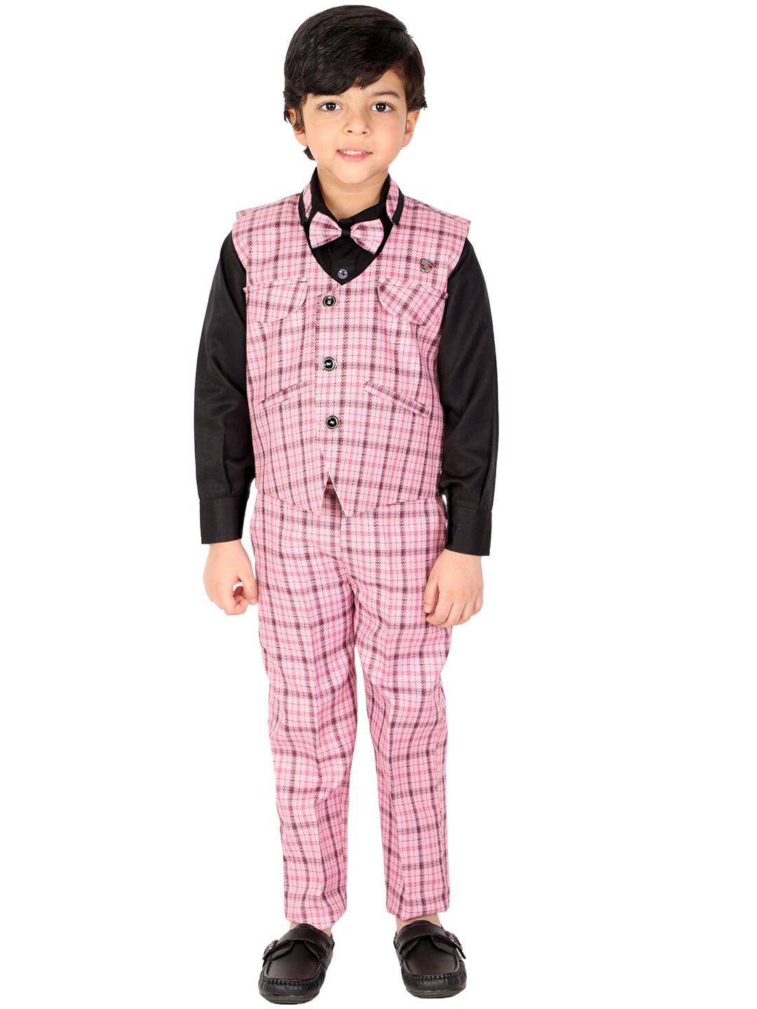 fourfolds boys pink printed shirt with trousers & waistcoat