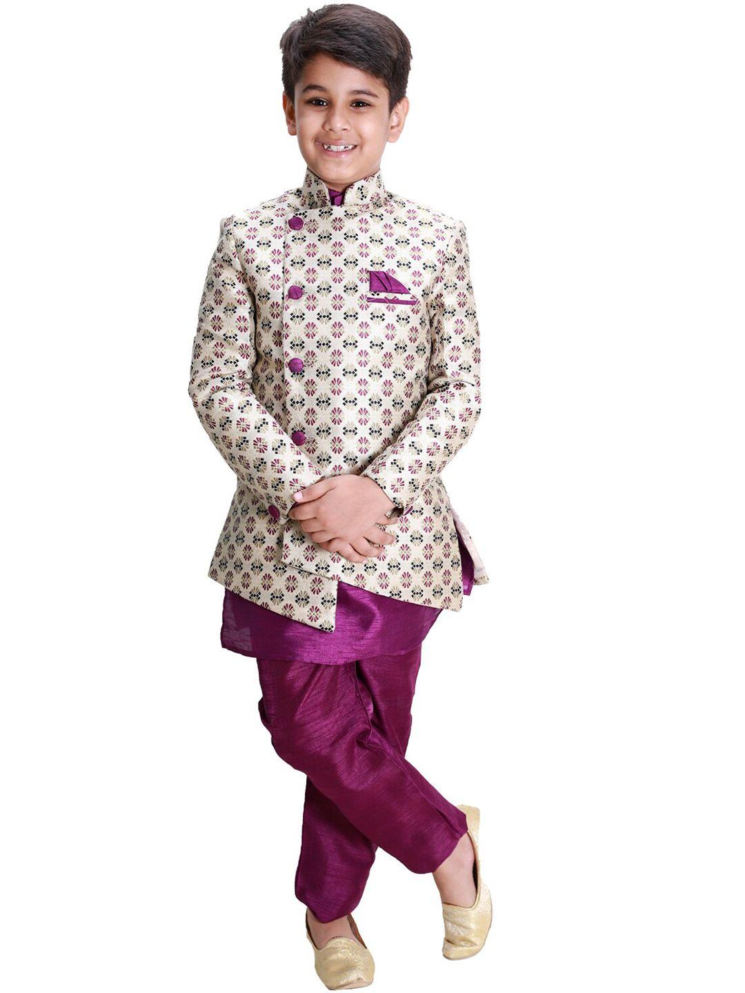 fourfolds boys purple kurta trousers with jacquard blazer