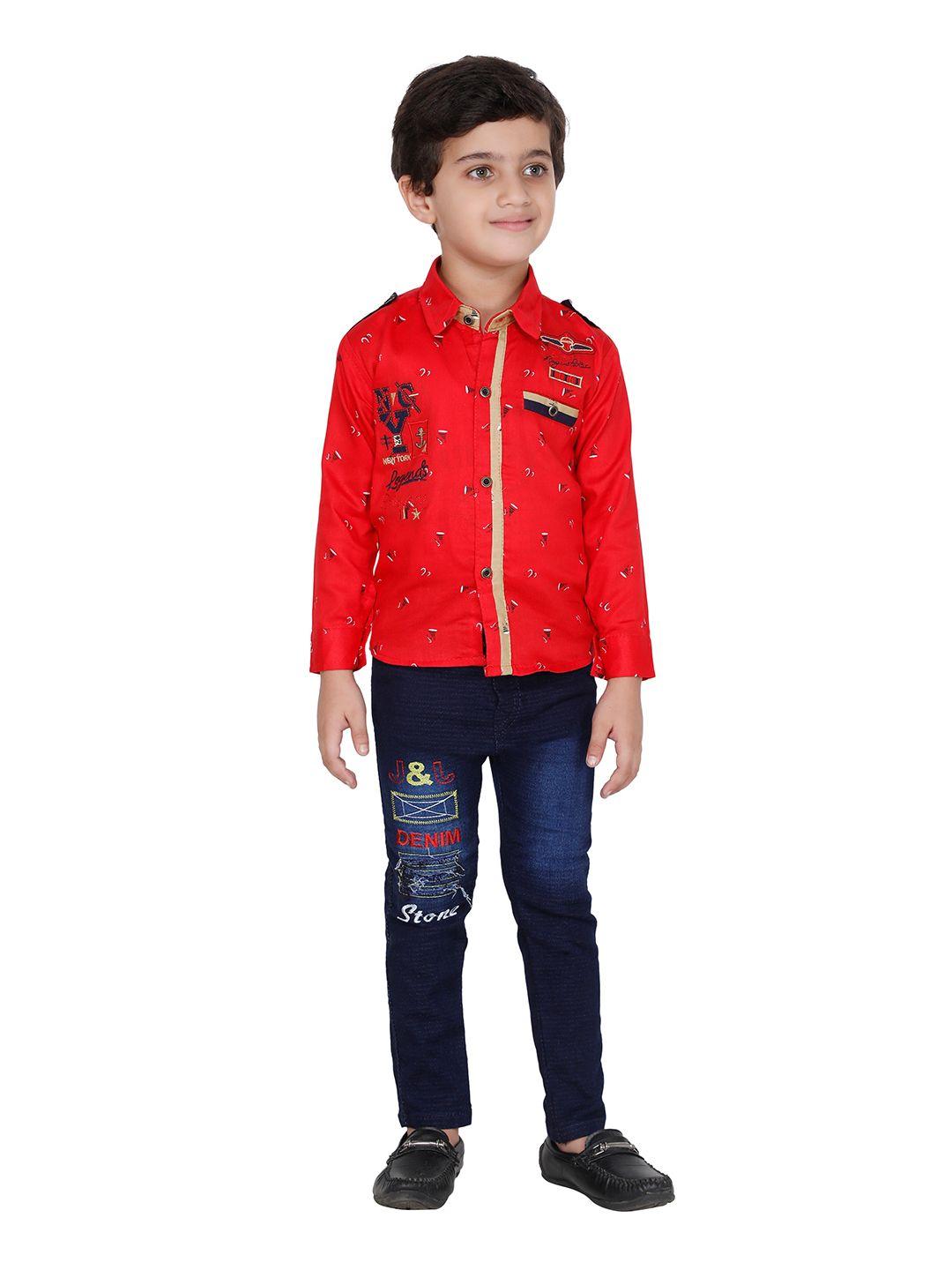 fourfolds boys red & blue printed shirt with trousers