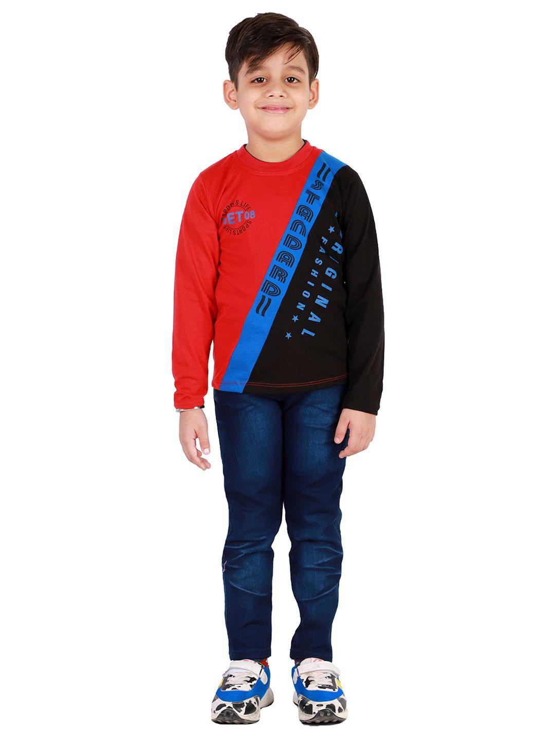 fourfolds boys red & blue printed t-shirt with jeans