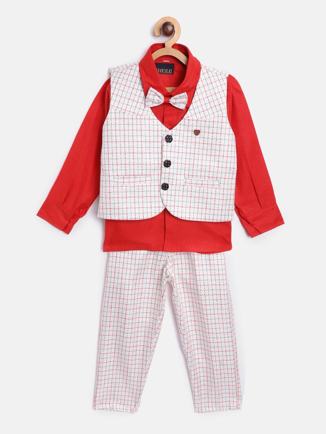 fourfolds boys red & white checked clothing set with waistcoat & bow-tie