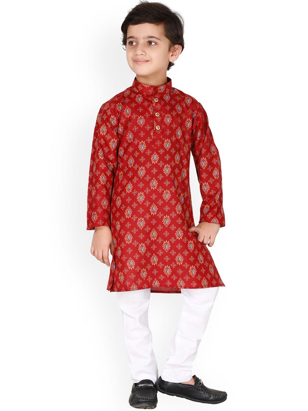 fourfolds boys red & white ethnic motifs printed cotton blend kurta set
