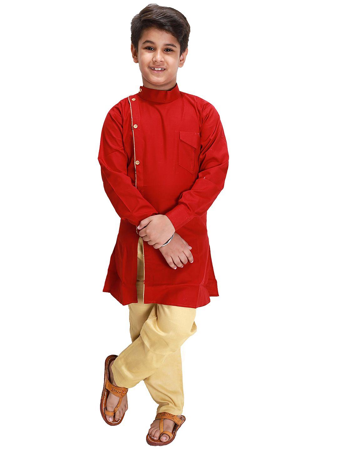 fourfolds boys red angrakha kurta with pyjamas