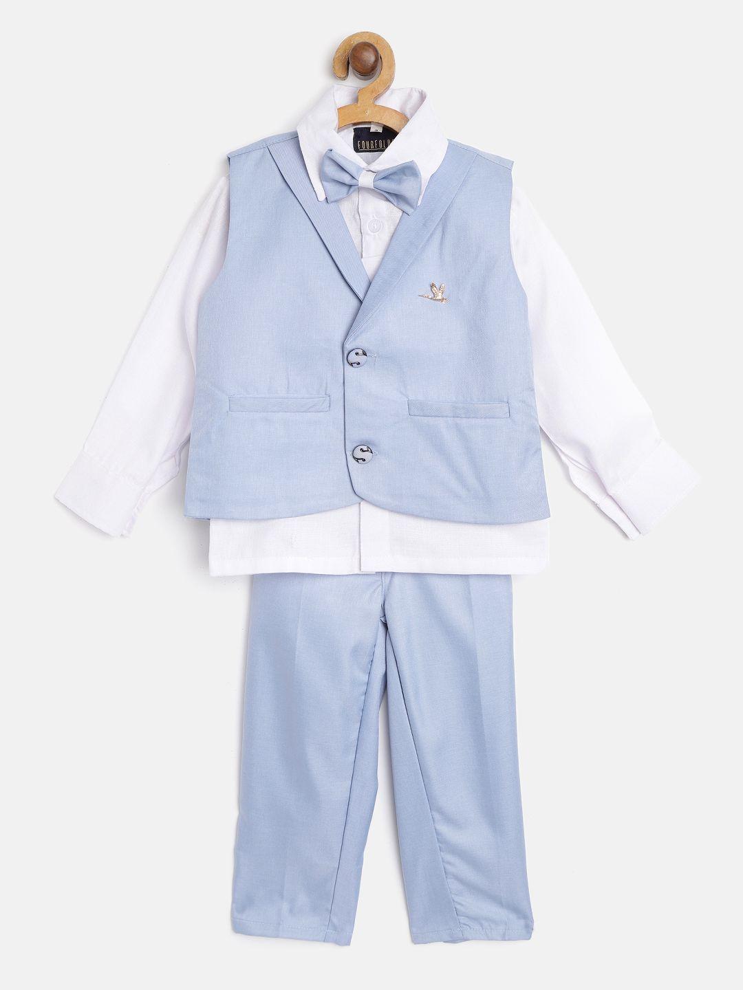 fourfolds boys white & blue solid clothing set with waistcoat & bow-tie