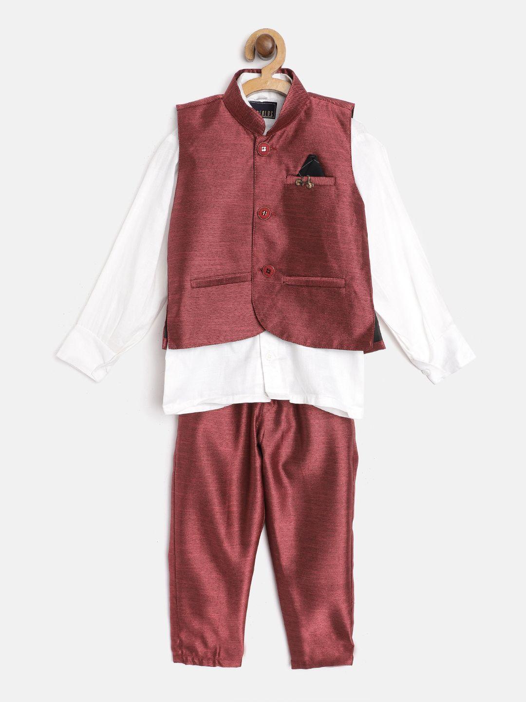 fourfolds boys white & maroon solid shirt with trousers & nehru jacket