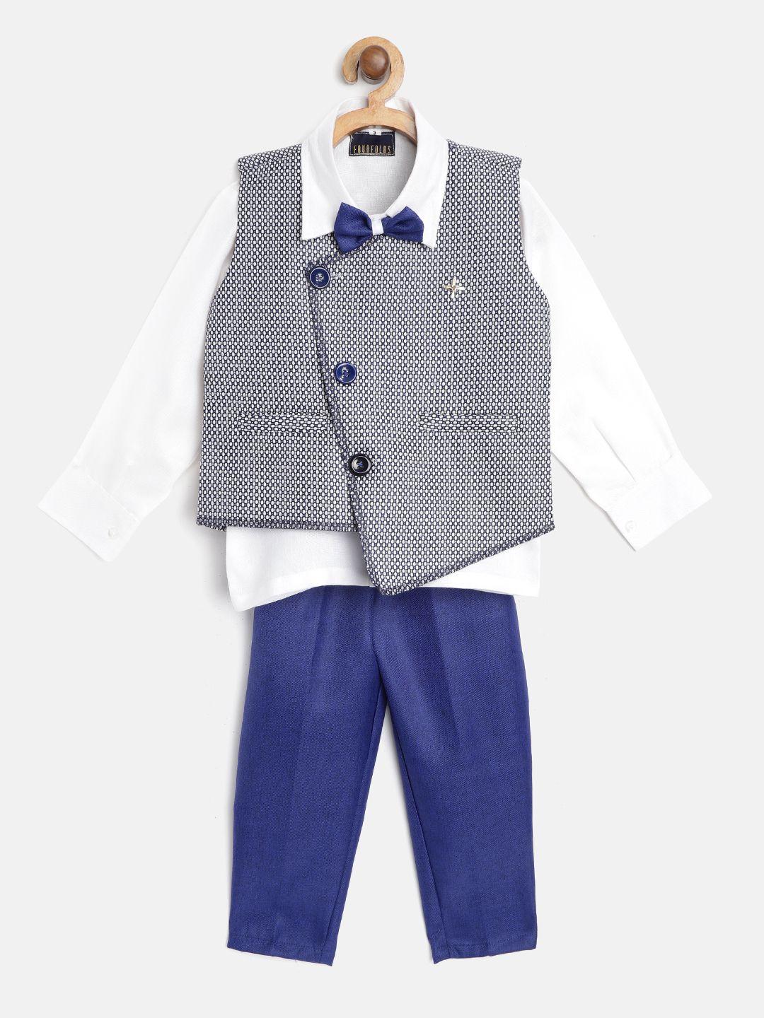 fourfolds boys white & navy blue solid shirt with trousers & woven design waistcoatt