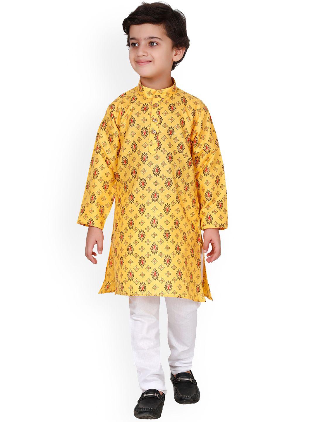 fourfolds boys yellow & white ethnic motifs printed kurta with pyjamas