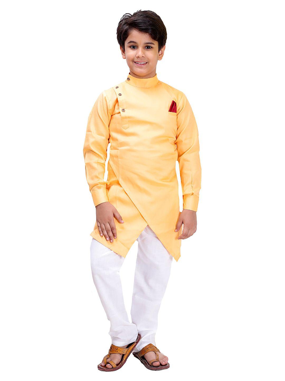 fourfolds boys yellow & white straight kurta with pyjama