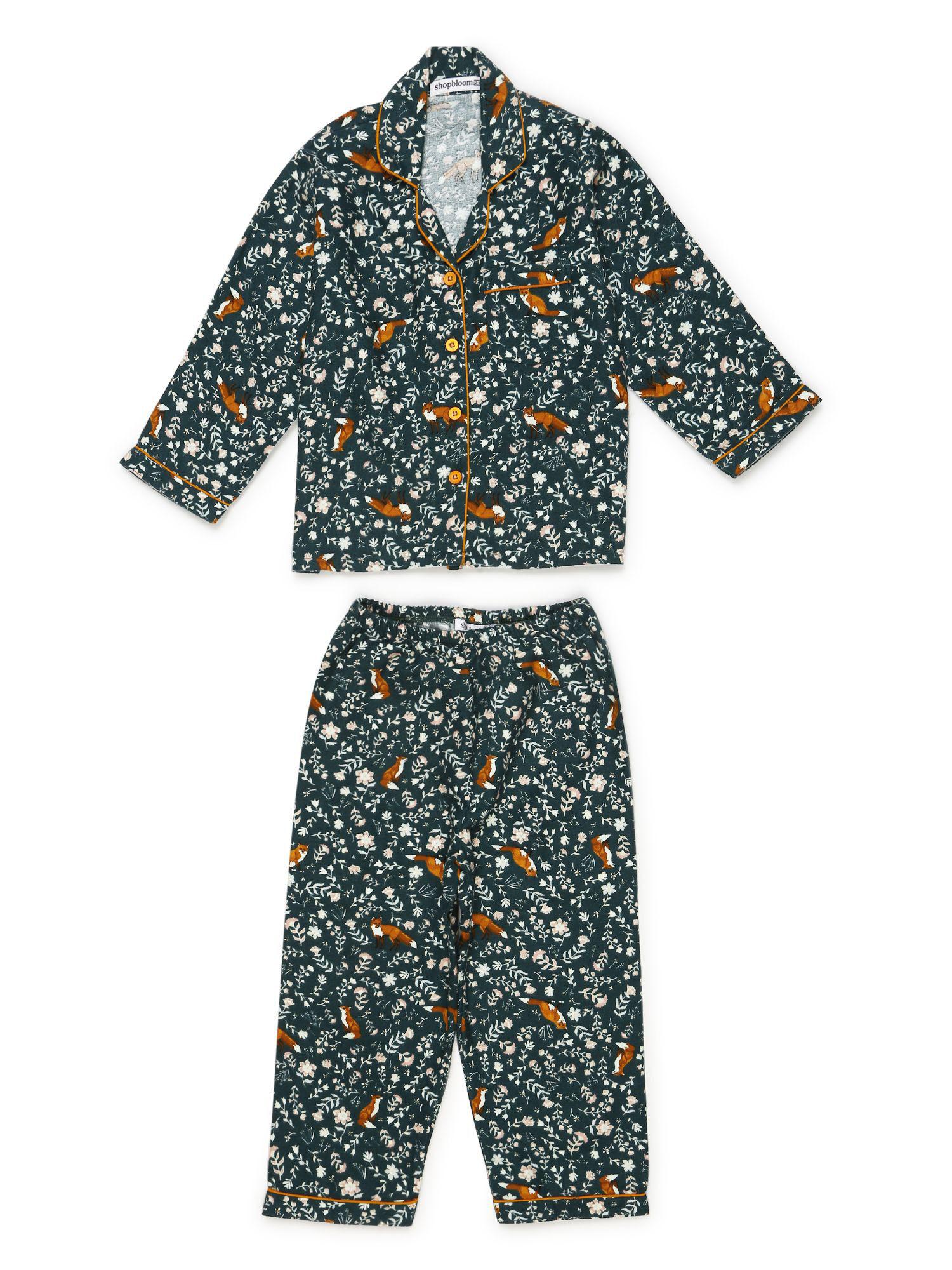 fox print cotton flannel long sleeve kid's night suit