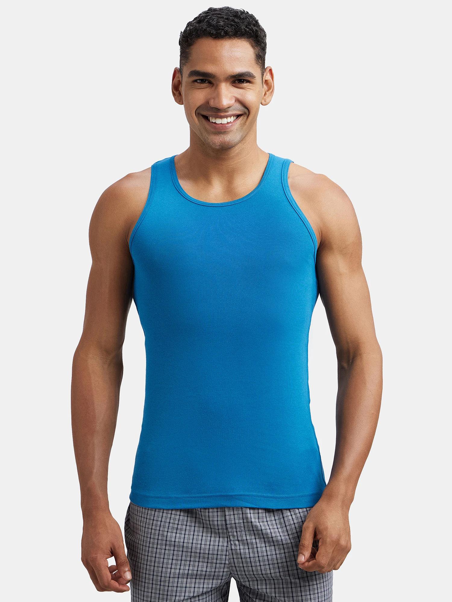 fp04 mens super combed cotton scoop neck sleeveless vest with extended length blue