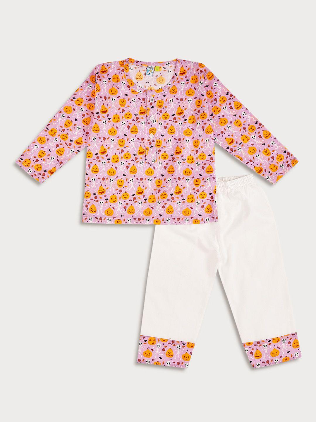 frangipani kids pink & white halloween printed pure cotton night suit