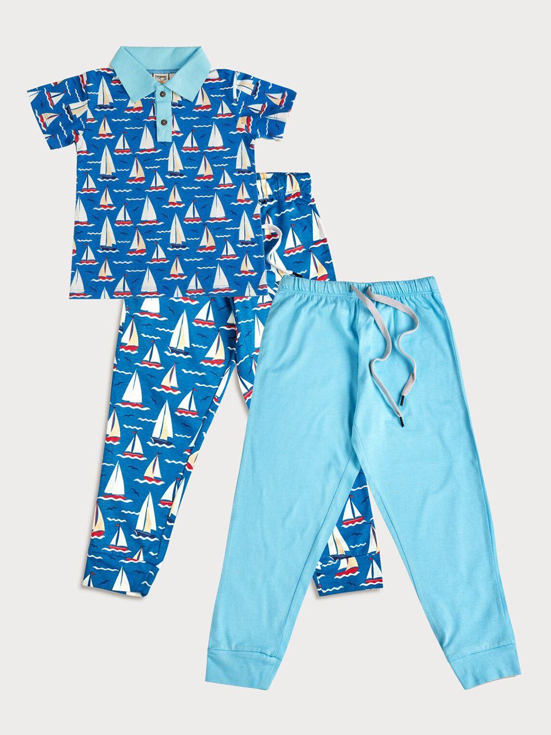 frangipani boys blue & turquoise blue printed pure cotton t-shirt with pyjamas combo