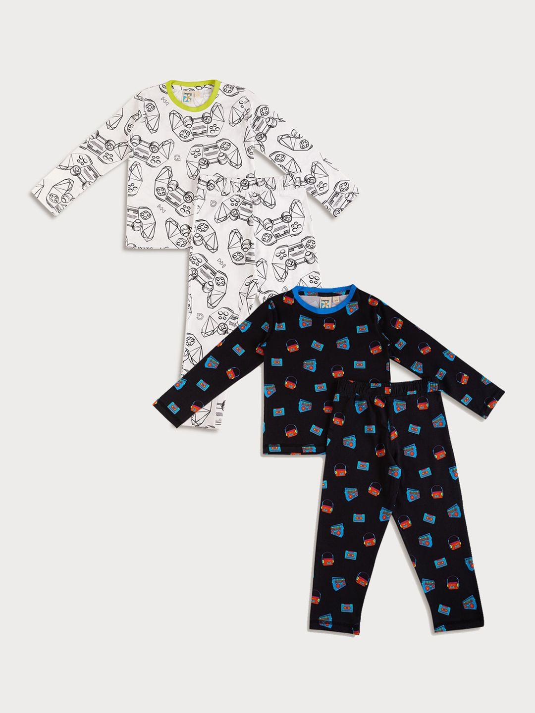 frangipani boys pack of 2 white & black printed pure cotton night suit