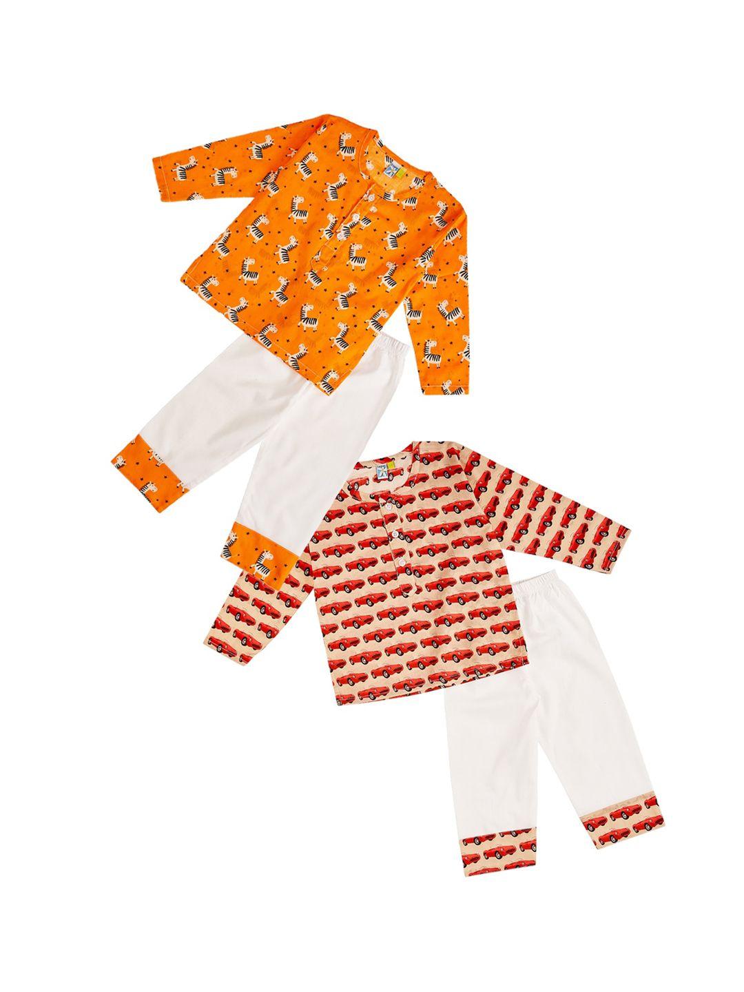 frangipani boys pack of 2 white & orange printed pure cotton night suit
