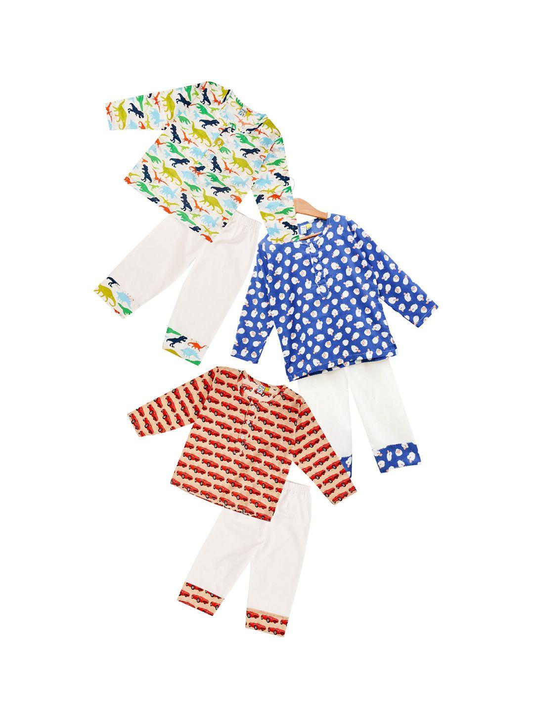 frangipani boys pack of 3 green & blue conversational printed pure cotton night suit