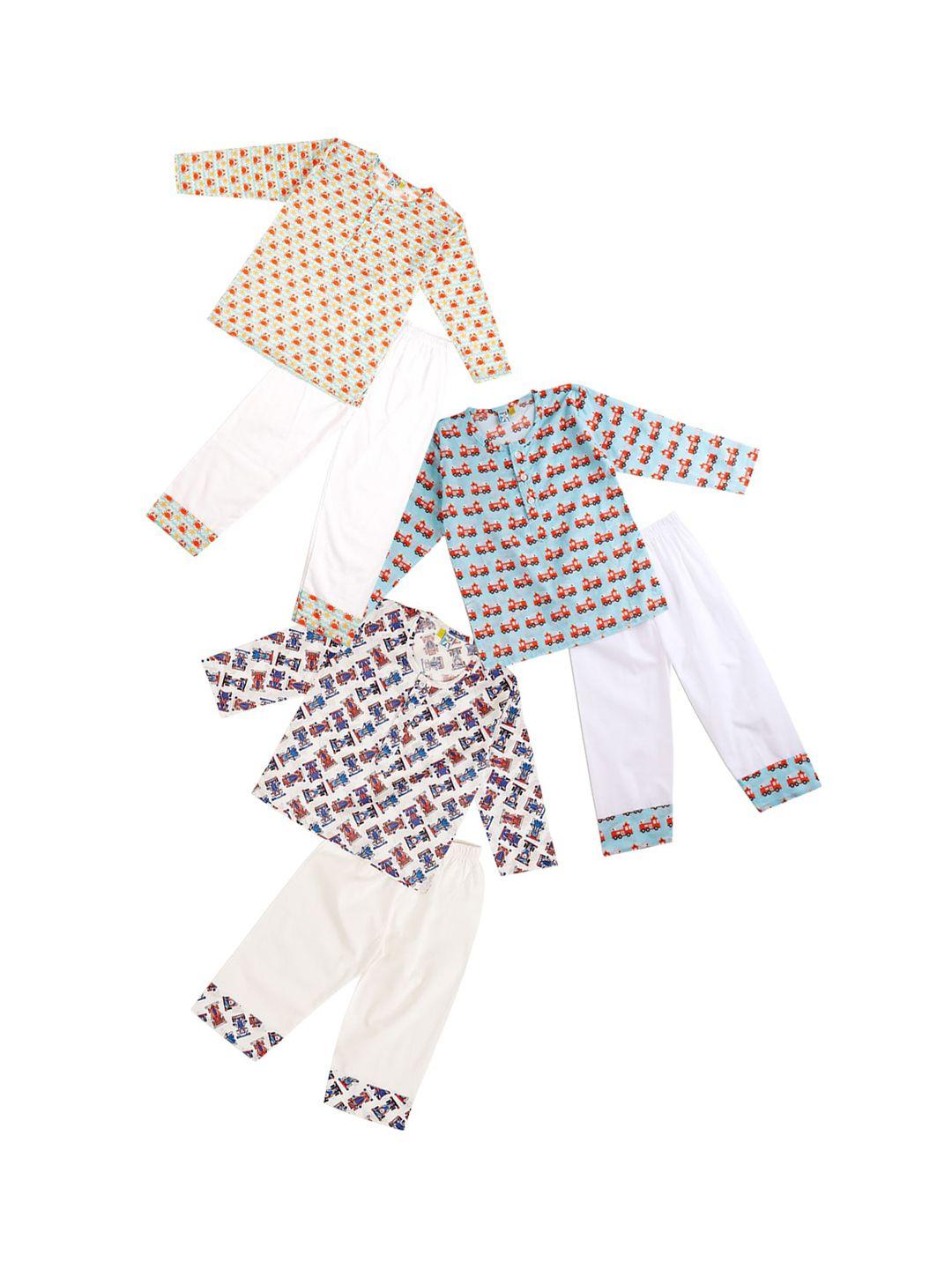 frangipani boys pack of 3 white & blue printed pure cotton night suit