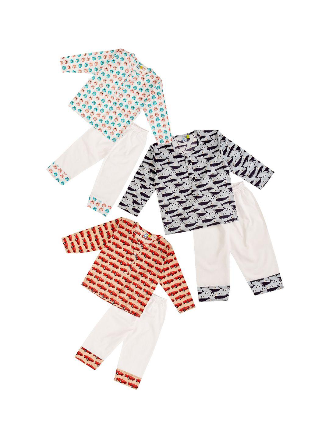 frangipani boys pack of 3 white & red printed pure cotton night suit