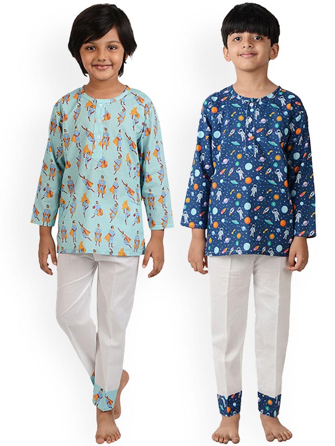 frangipani boys white & blue set of 2 printed night suit