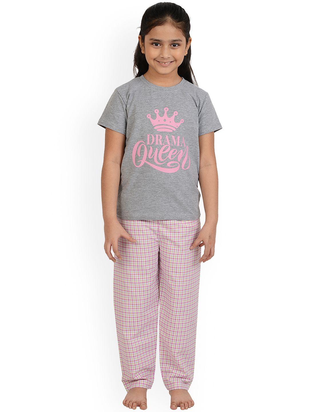frangipani kids grey & pink printed pure cotton night suits