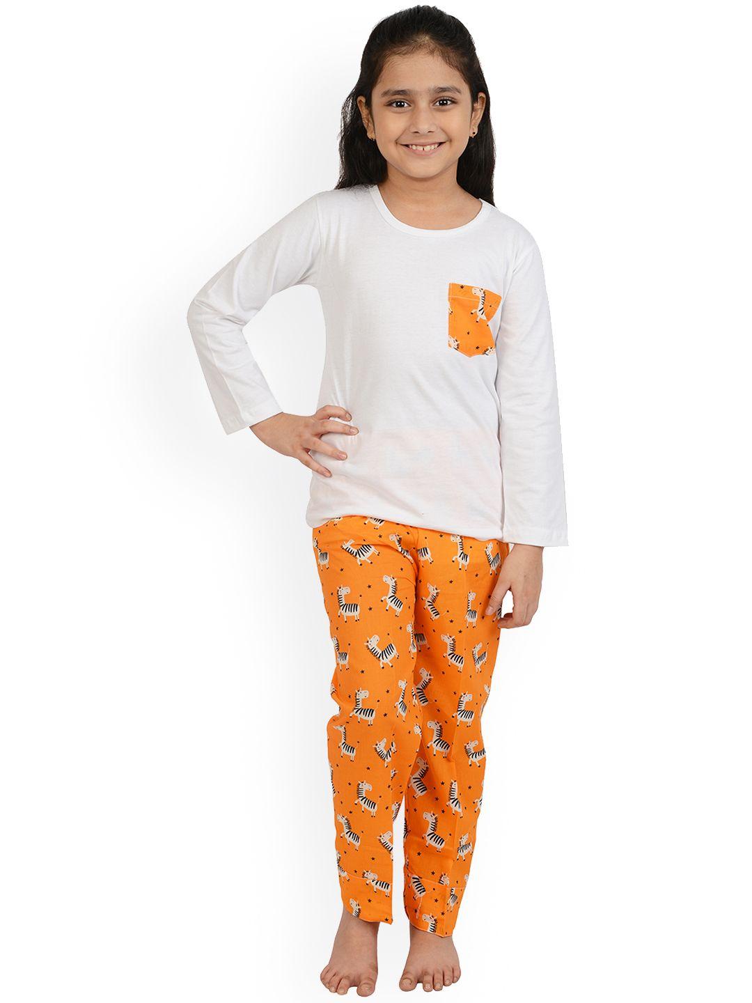 frangipani kids white & orange conversational printed pure cotton night suits