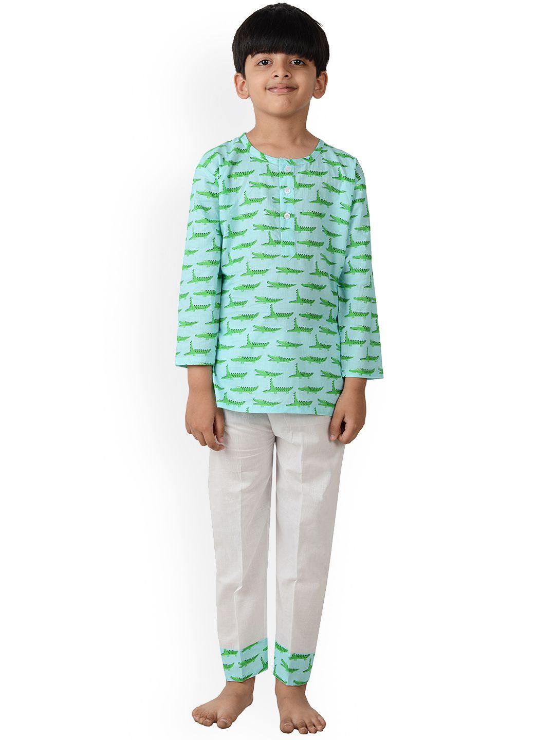 frangipani unisex kids green & white graphic printed pure cotton night suit