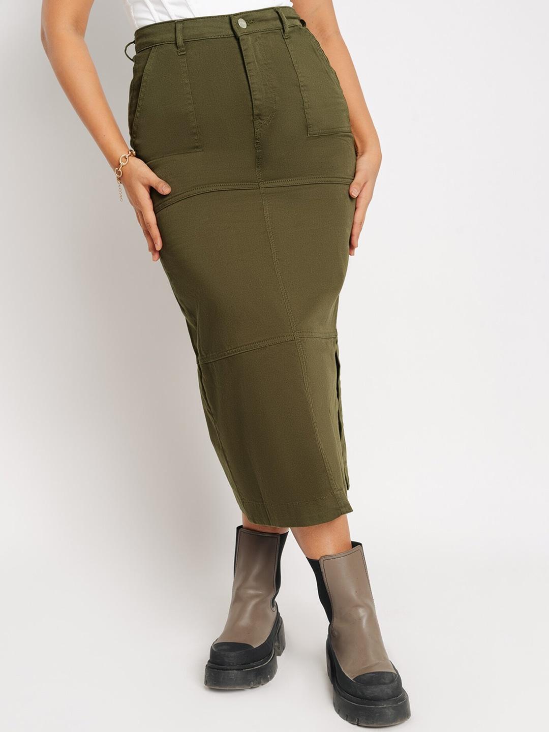 freakins-olive-green-pure-cotton-pencil-midi-skirts