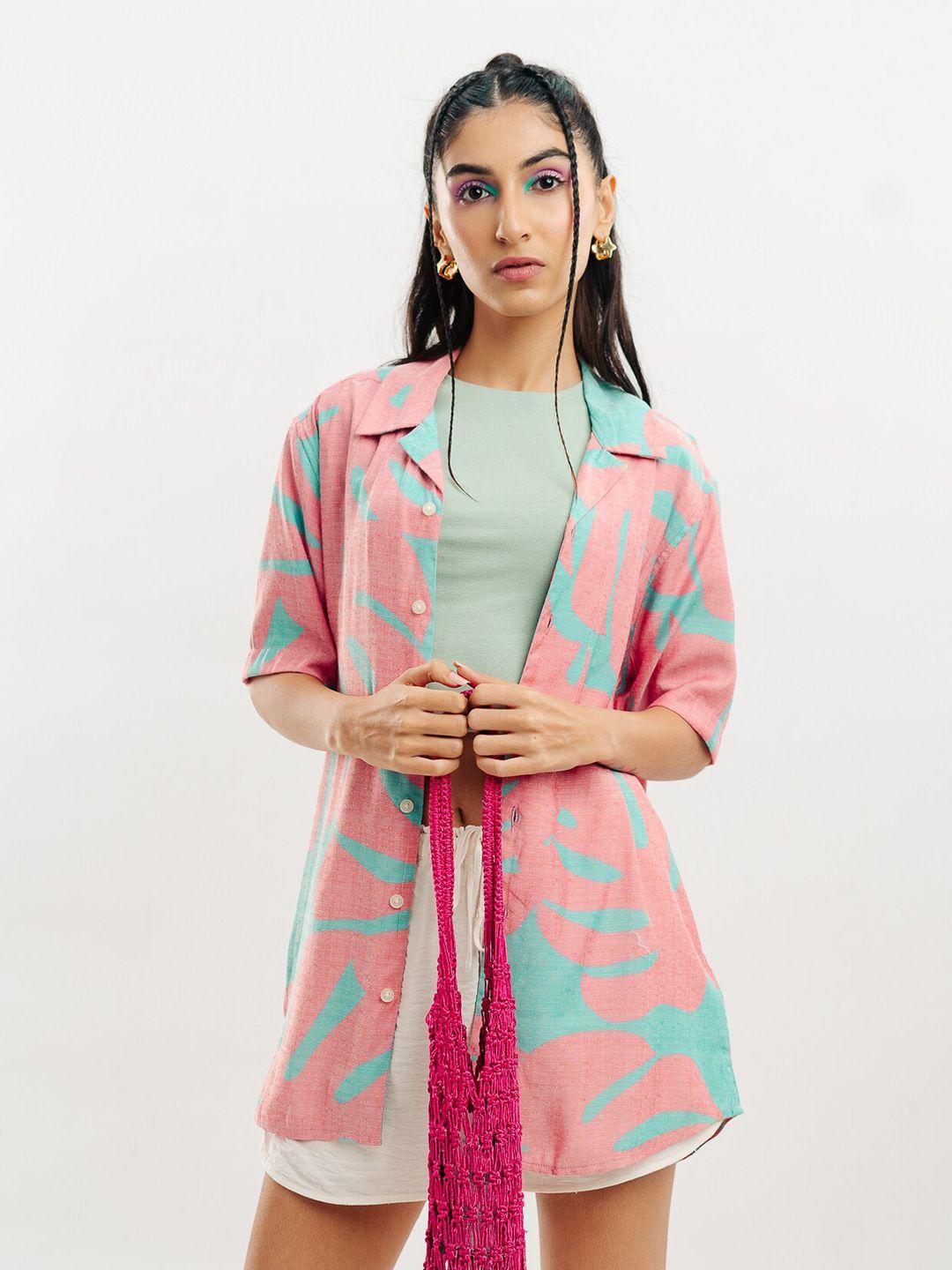 freakins pink & blue abstract printed cuban collar pure cotton casual shacket