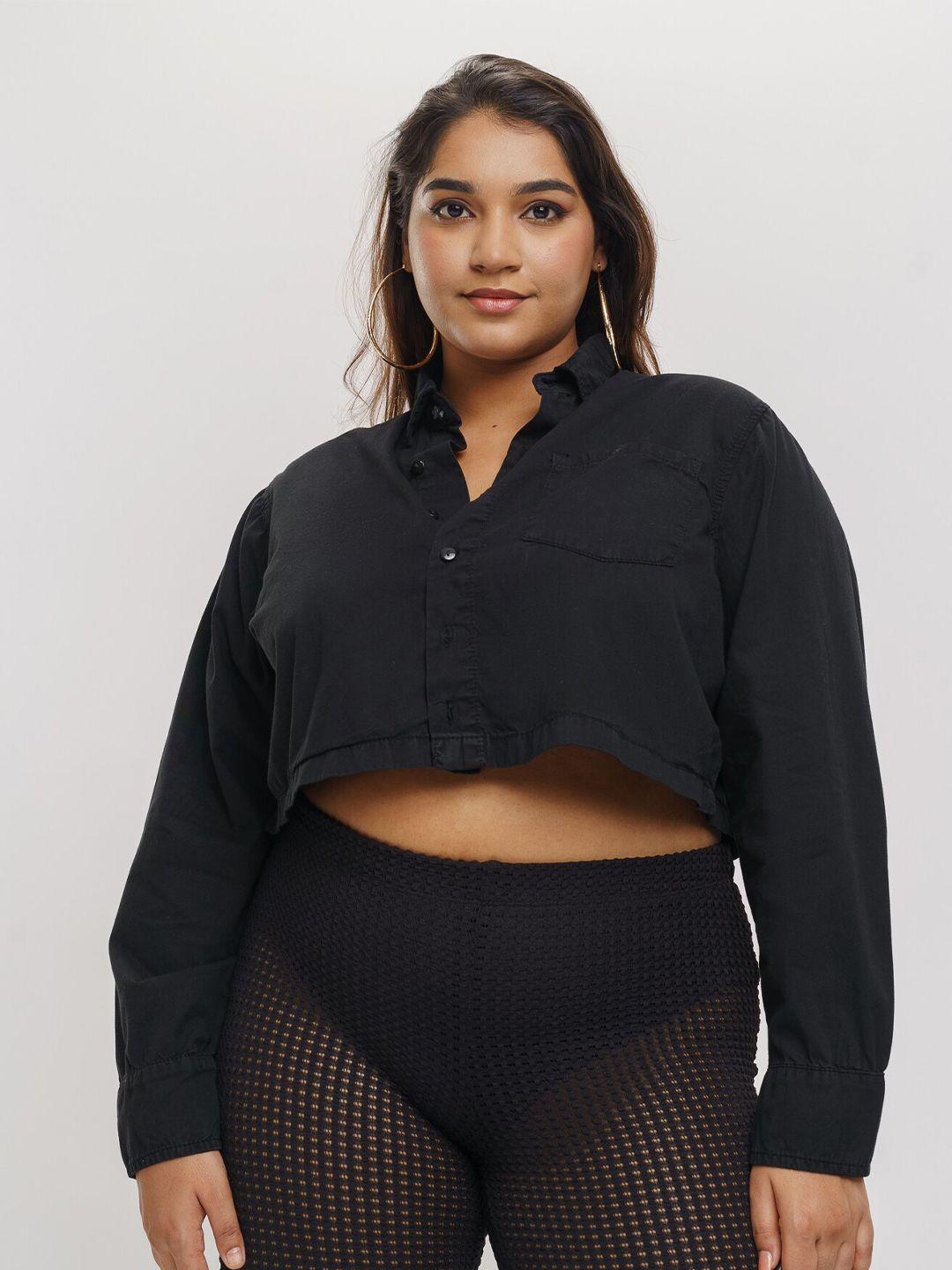 freakins plus size black shirt collar pure cotton shirt style crop top