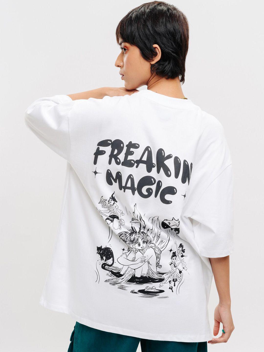 freakins typography printed drop shoulder sleeves relaxed fit pure cotton casual t-shirt