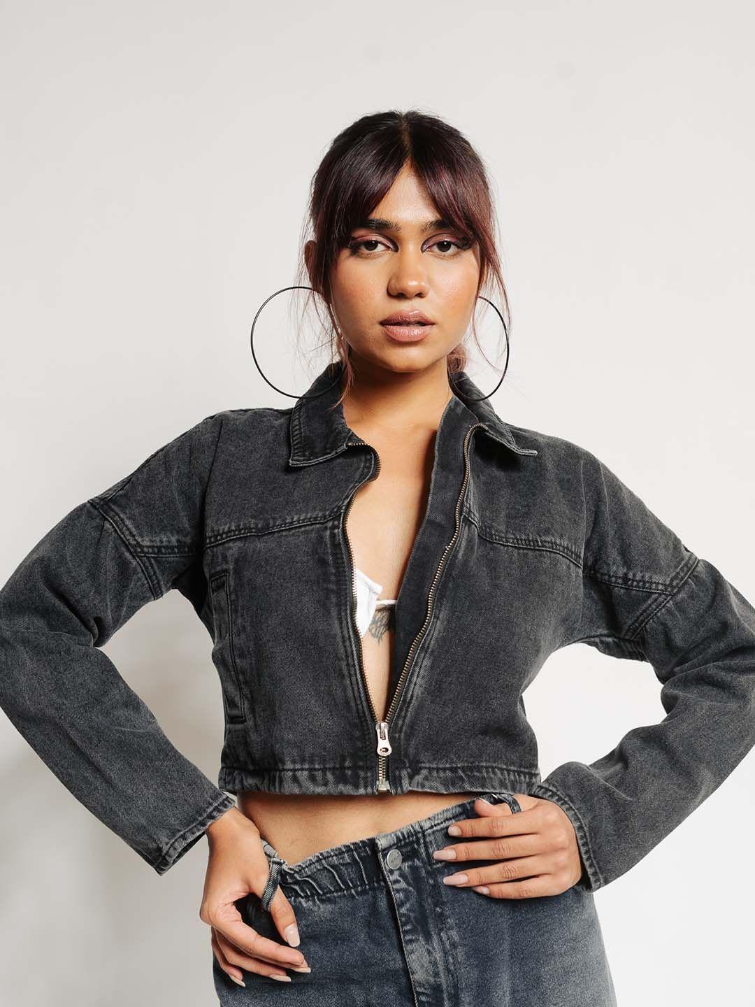 freakins washed cotton crop denim jacket