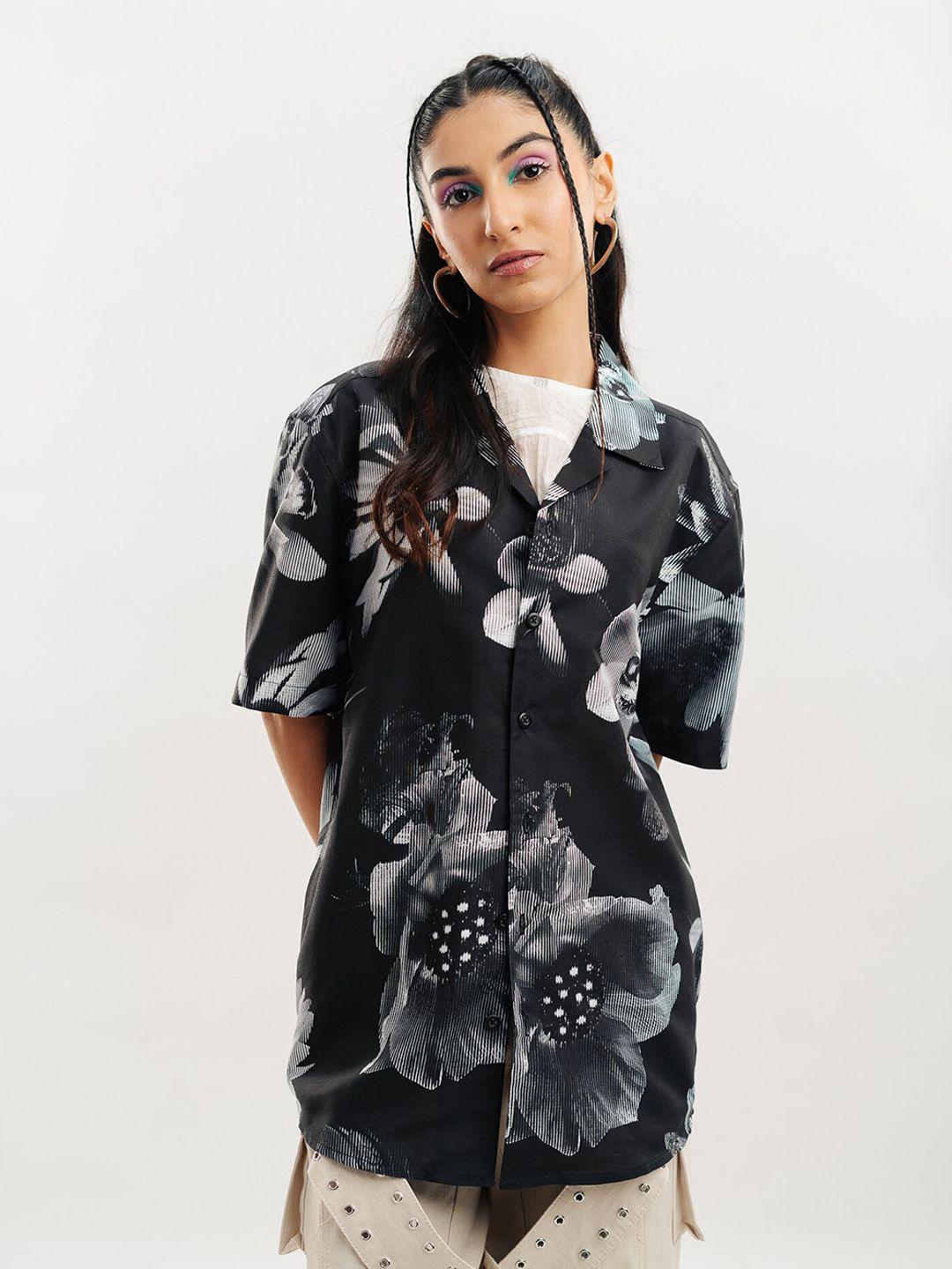 freakins women black floral opaque printed casual shirt