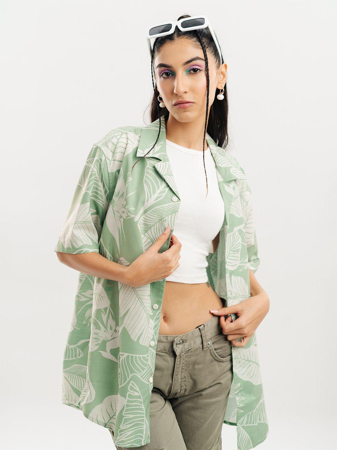 freakins women green floral opaque printed casual shirt