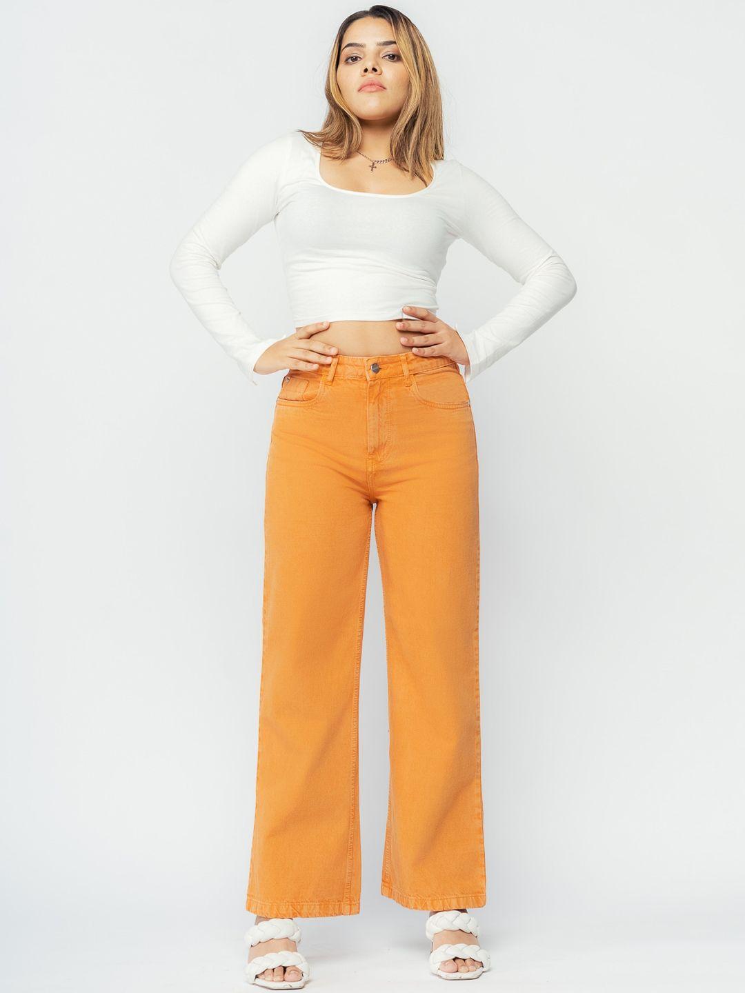 freakins women orange wide leg high-rise pure cotton jeans