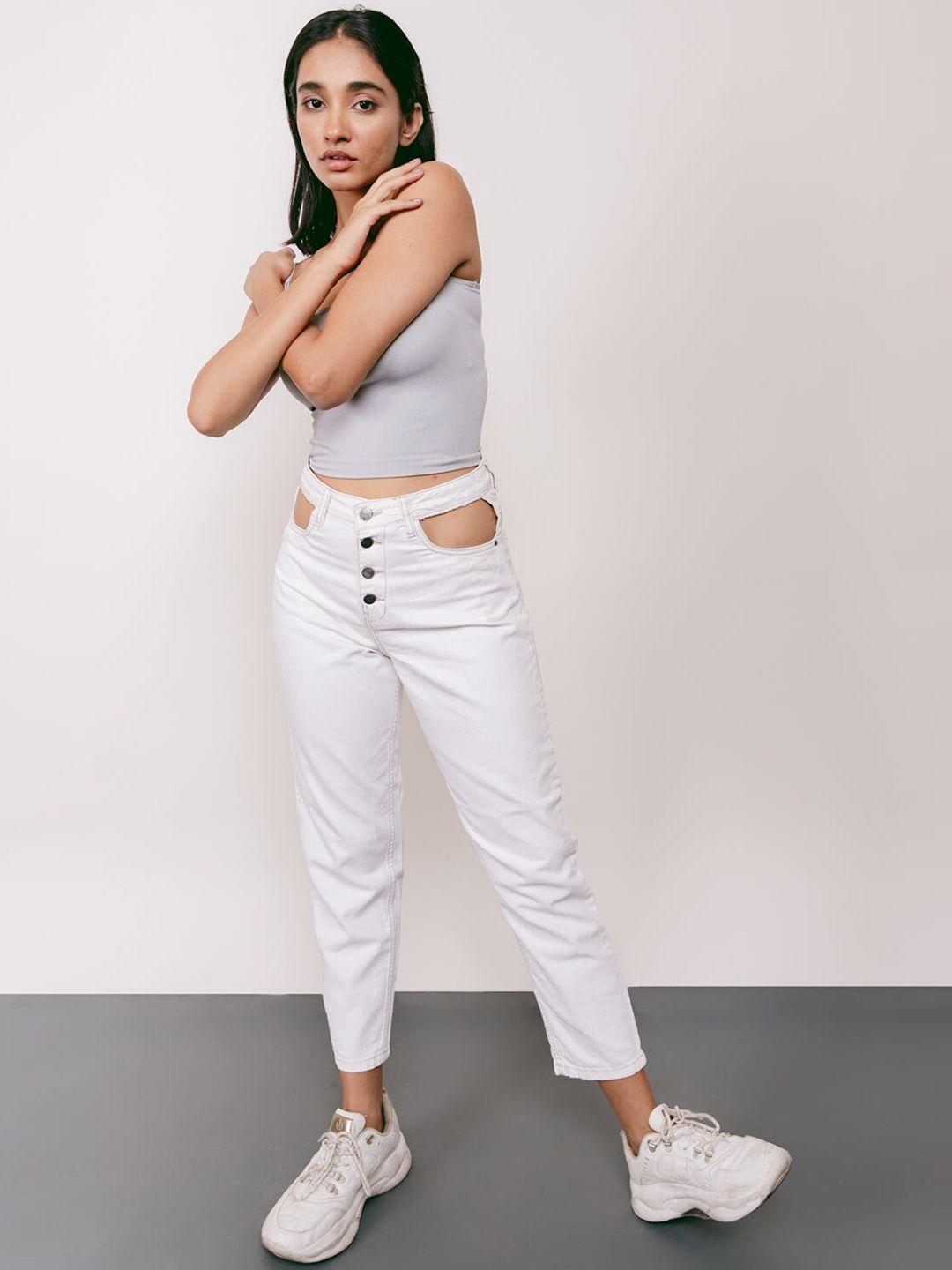 freakins women white high-rise tapered fit cropped cut out jeans