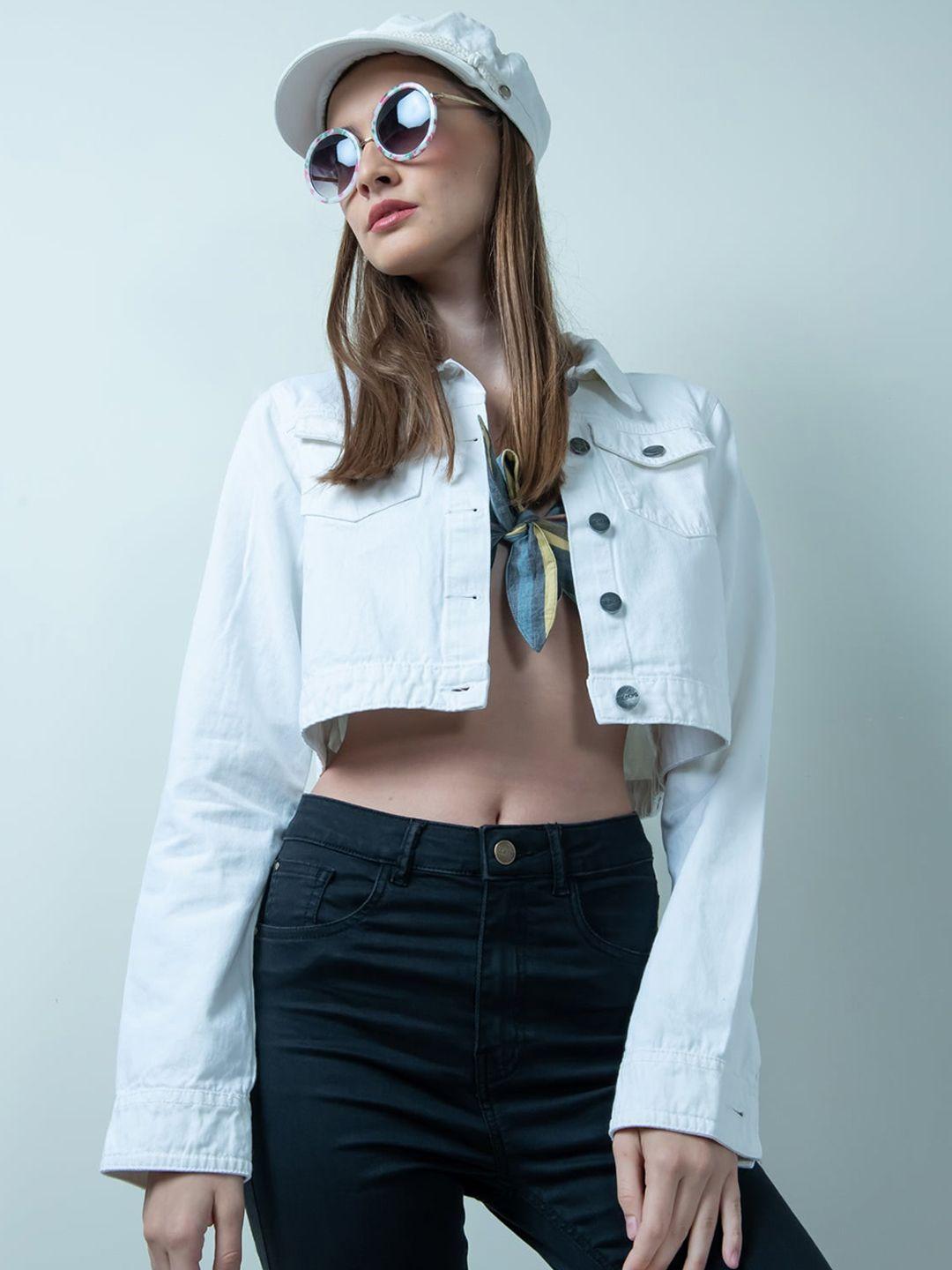 freakins women white solid cropped denim jacket