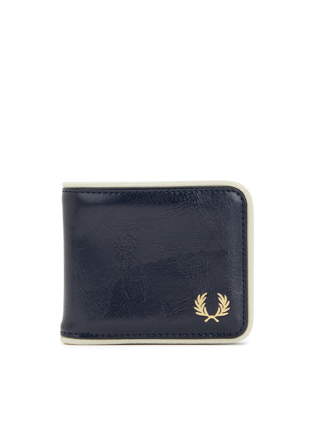 fred perry men navy blue textured pu card holder