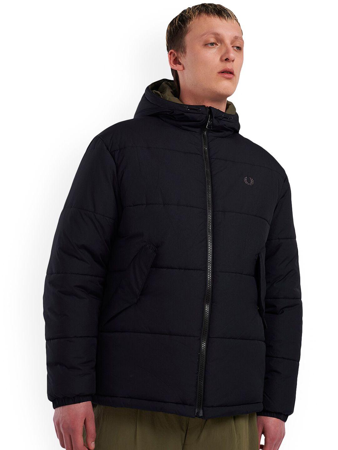 fred perry men black hooded quilted jacket
