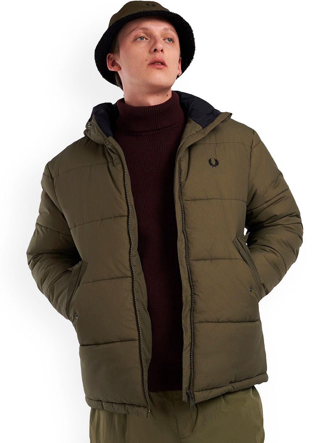 fred perry men green hooded quilted jacket