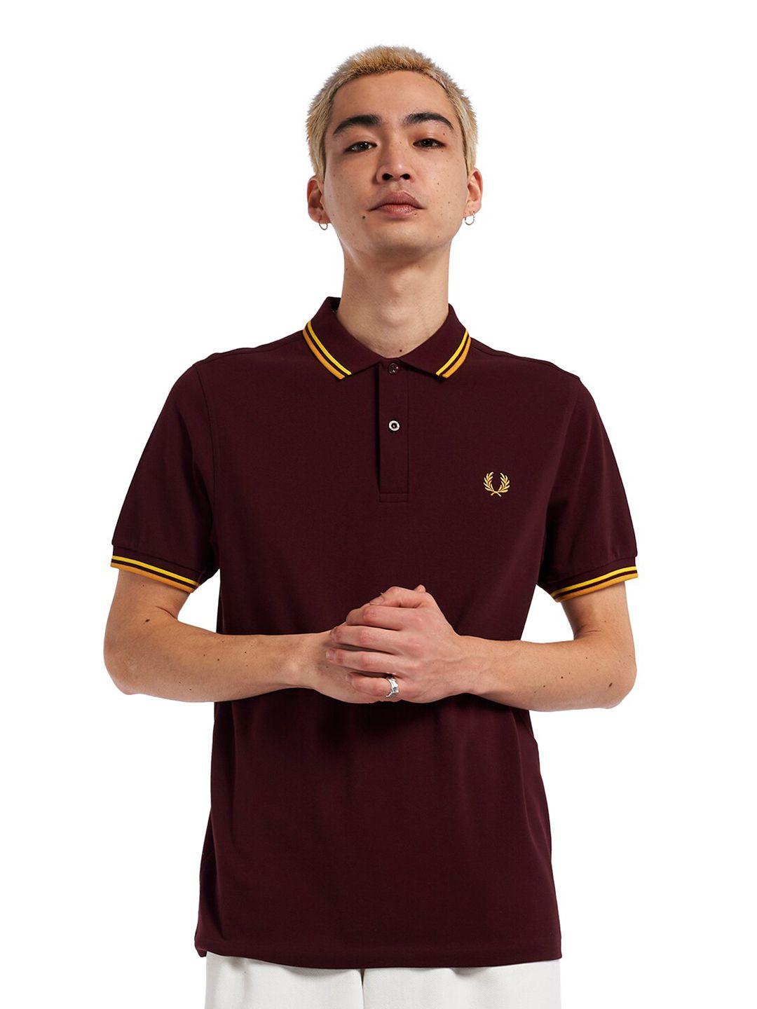 fred perry men maroon polo collar pure cotton t-shirt