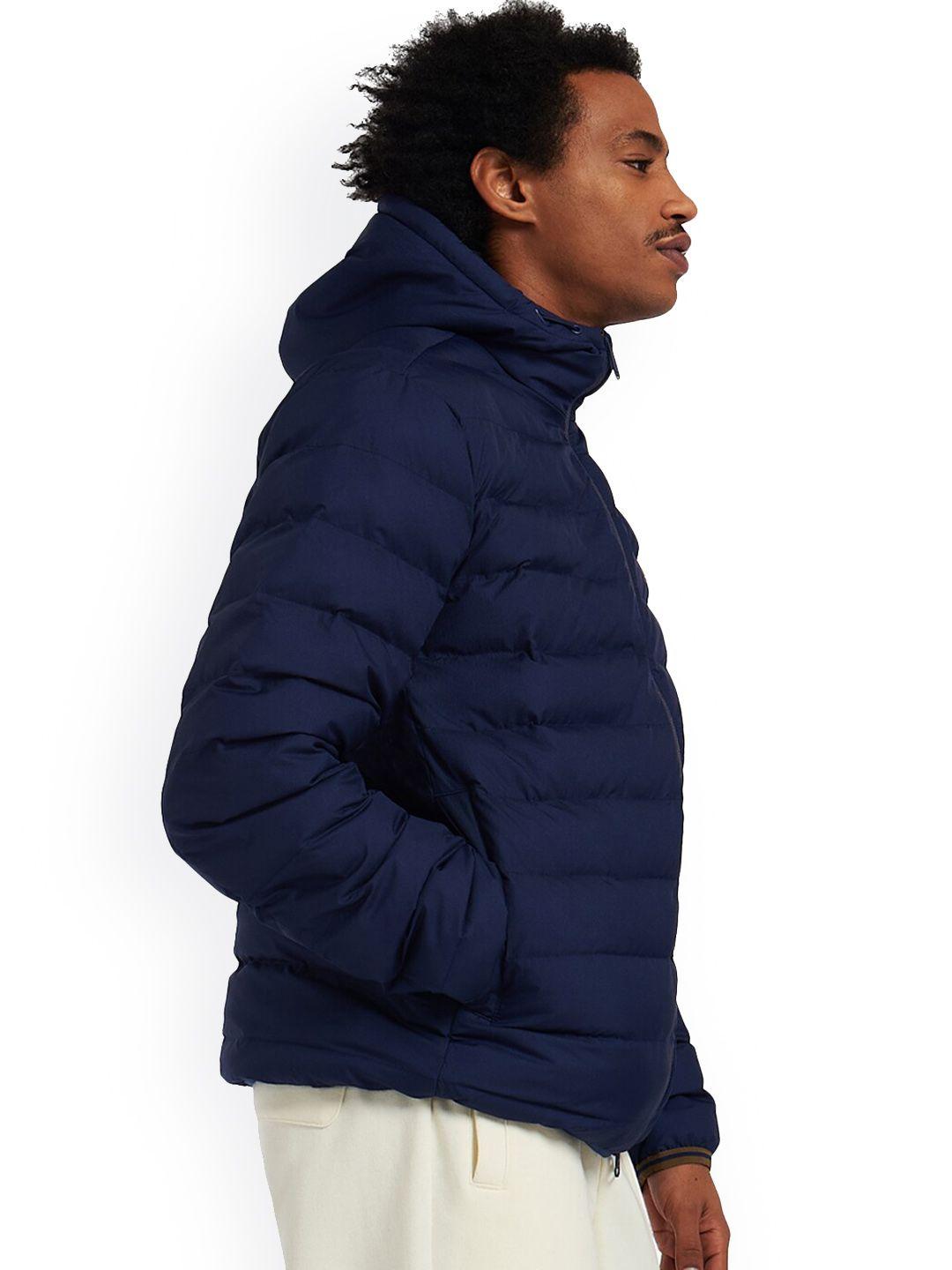 fred perry men navy blue hooded puffer jacket