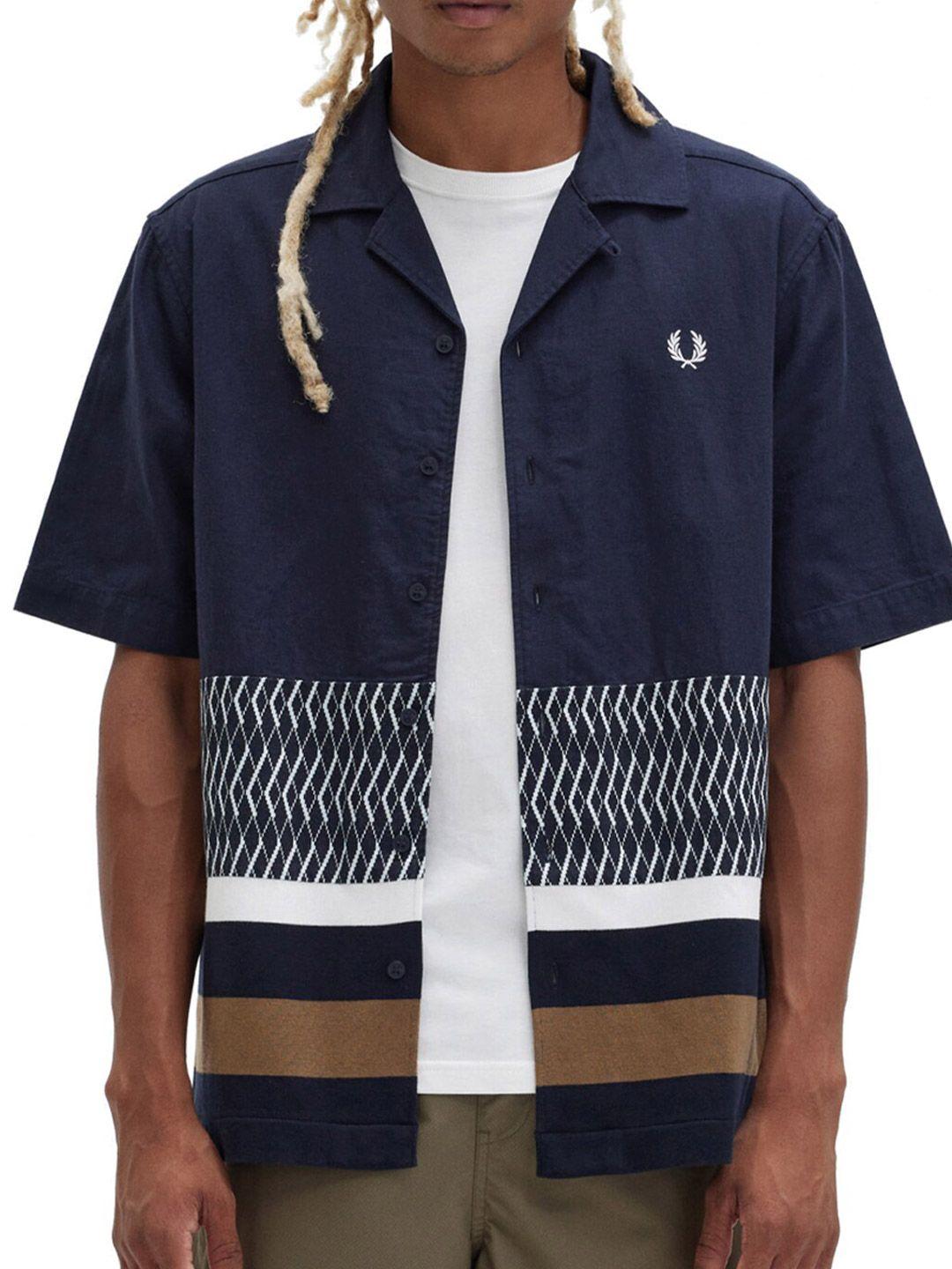 fred perry regular fit geometric printed cuban collar opaque cotton casual shirt