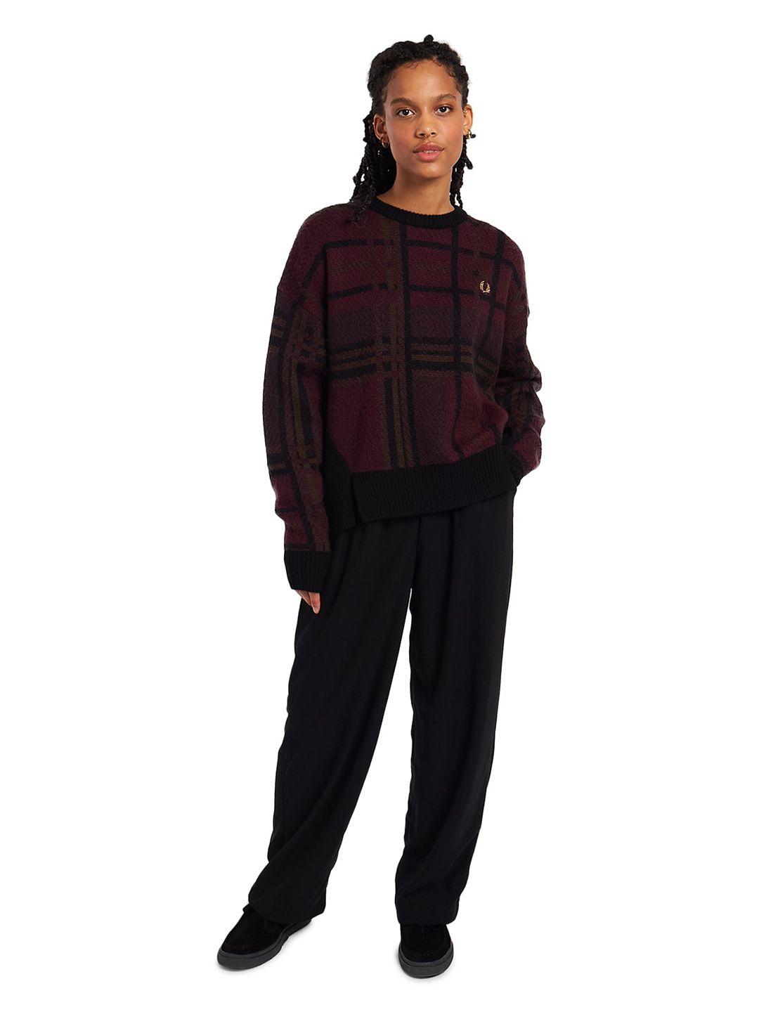 fred perry women maroon & black checked double hem pullover sweater