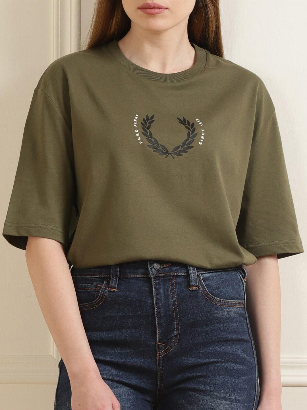 fred perry women olive green printed cotton t-shirt