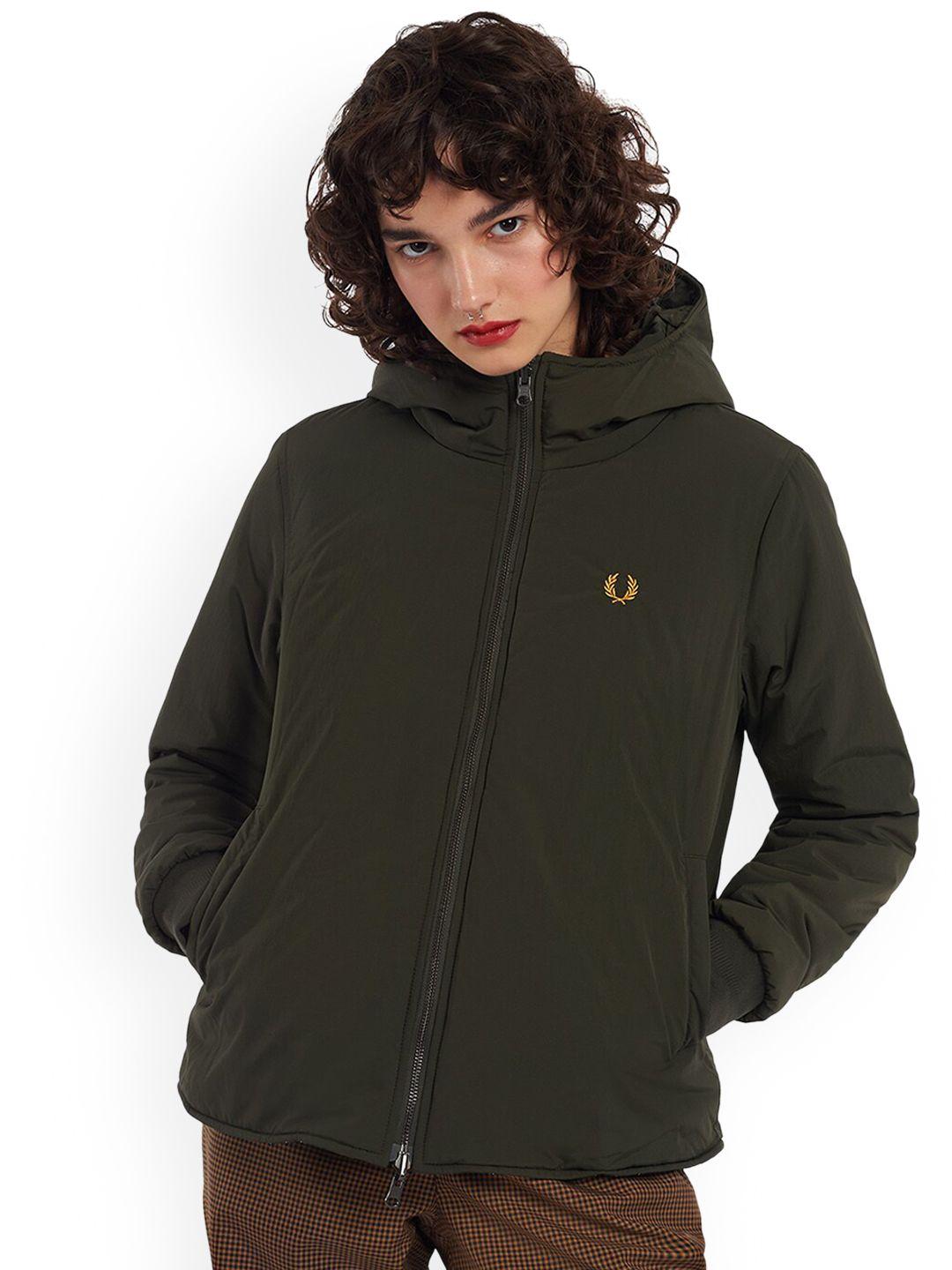 fred perry women olive green solid hooded parka coat