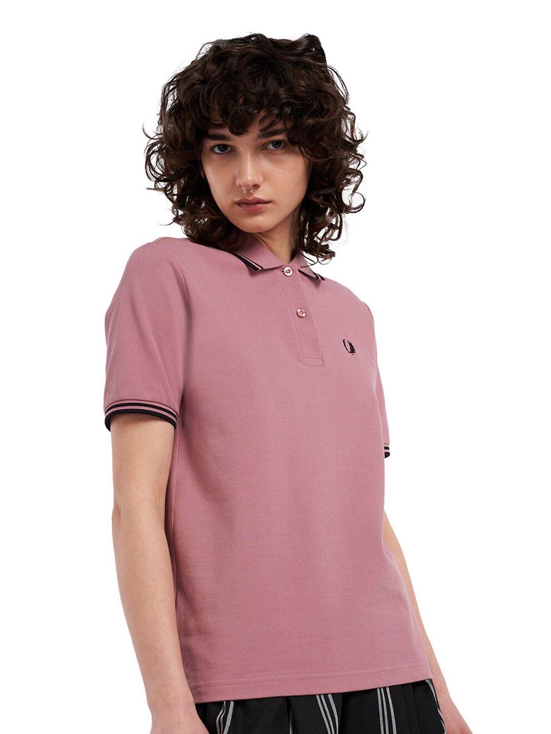 fred perry women pink & black polo collar pure cotton t-shirt