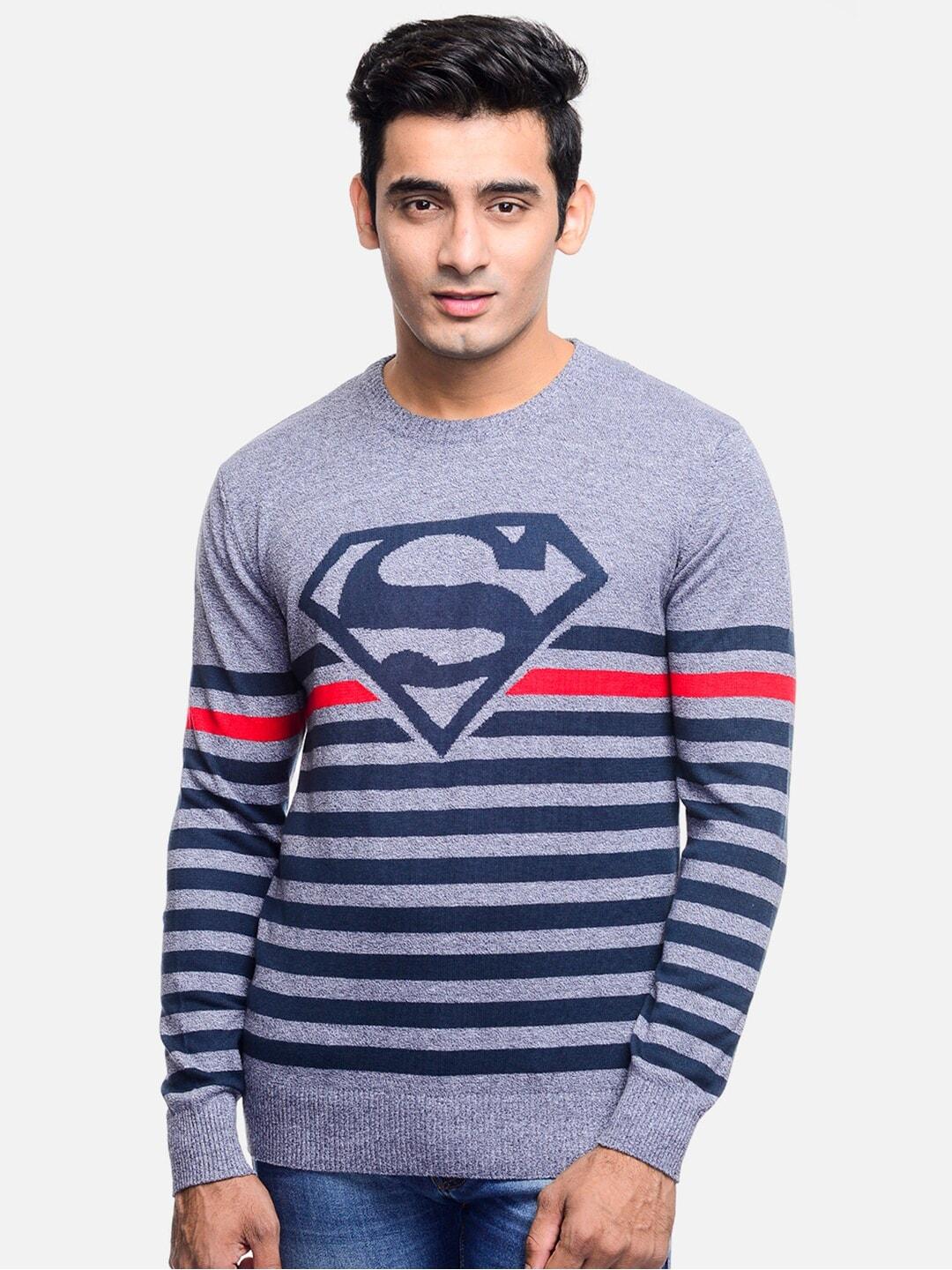 free authority men blue & red superman featured striped pullover sweater